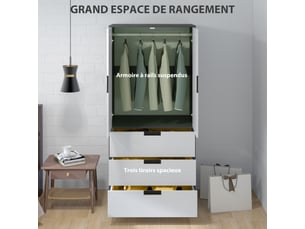 Armoire chambre penderie avec 2 portes à fermeture douce, 80x50x180cm, 3 tiroirs et barre de suspension, gris et blanc