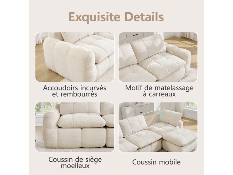  Canapé d'angle en u 4 places sans cadre, canapé modulaire, housse chenille beige, sans montage, 2 poufs pour salon et appartements  - Conforama D