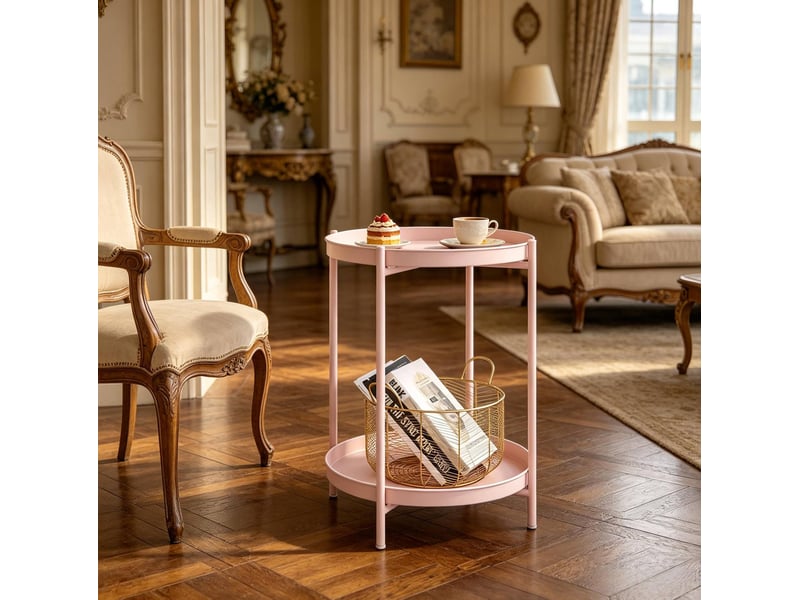 Table basse ronde avec 2 plateaux amovibles et 2 étagères en métal pour salon ou chambre, rose, 44 × 44 × 53 cm - Conforama B