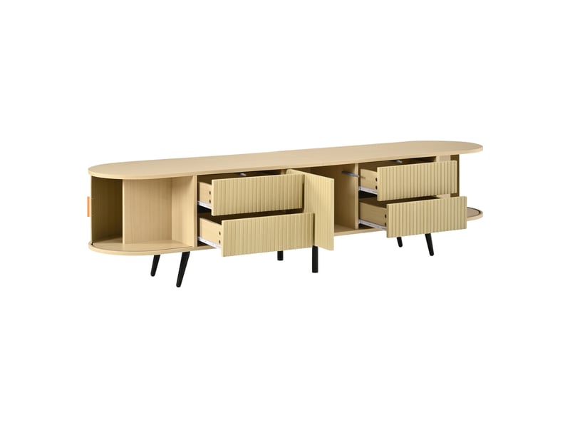  Meuble tv ovale effet bois 180 cm, 4 tiroirs, porte à lamelles, jusqu’à 80  - Conforama E