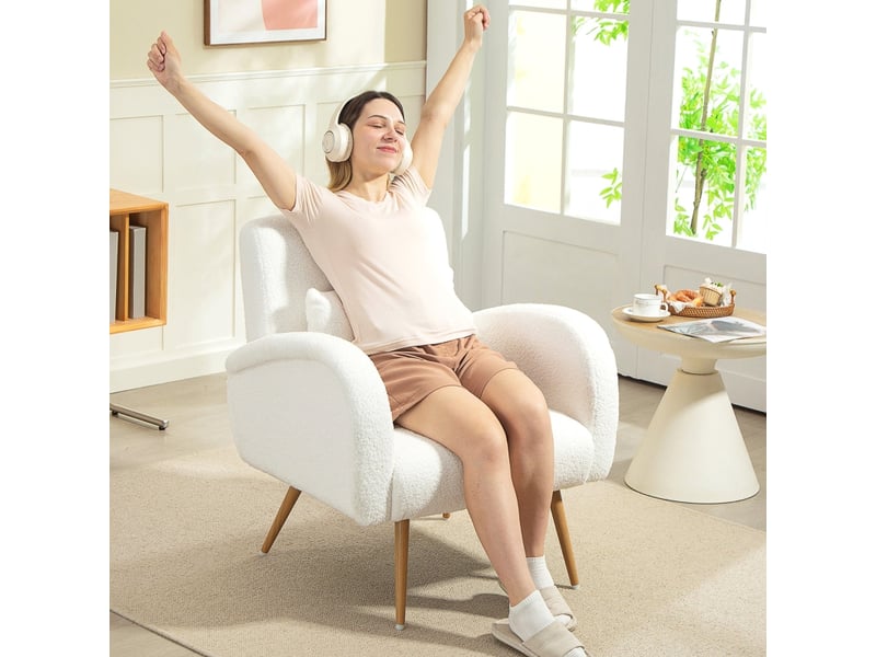  Fauteuil polaire crème - accoudoirs rembourrés, coussin lombaire, pieds métal - design moderne pour saloncoin lecture  - Conforama D