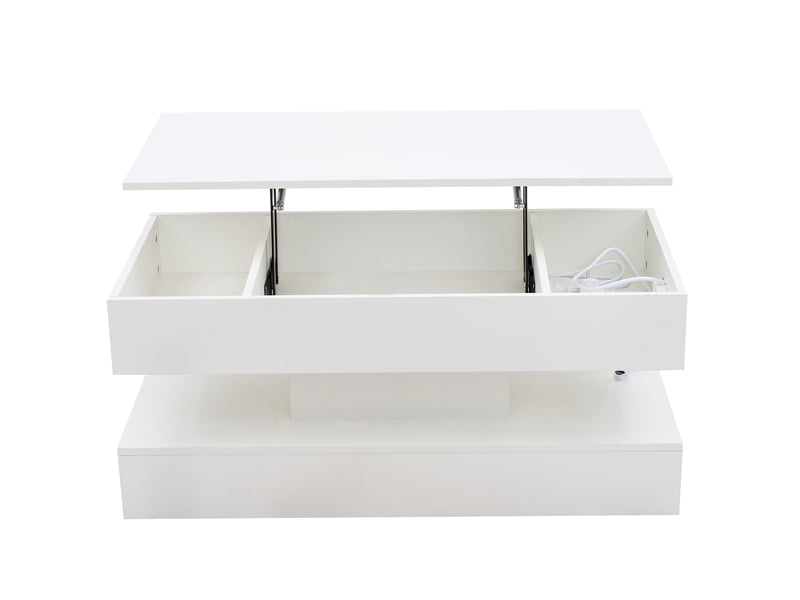  Table basse relevable avec plateau réglable, led et rangement caché avec prises, en panneau de particules, blanc - uvrion  - Conforama A