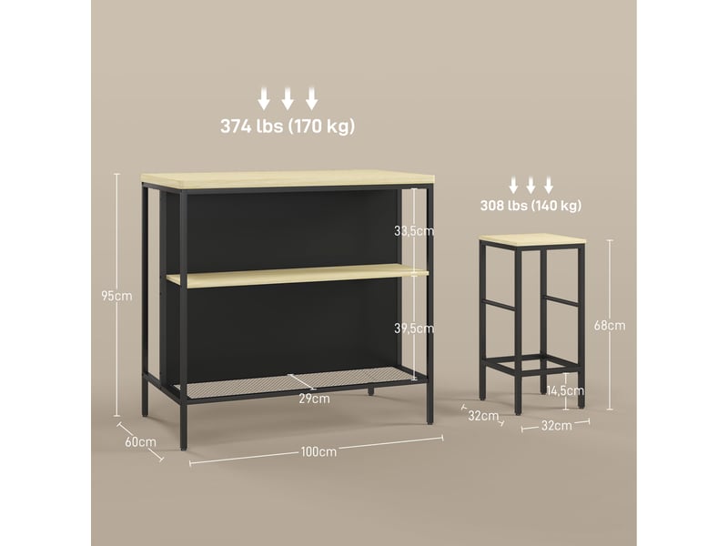  Ensemble bar, 2 tabourets de bar et 1 table de bar, résistant aux taches, stable, structure en acier, noirchêne  - Conforama E