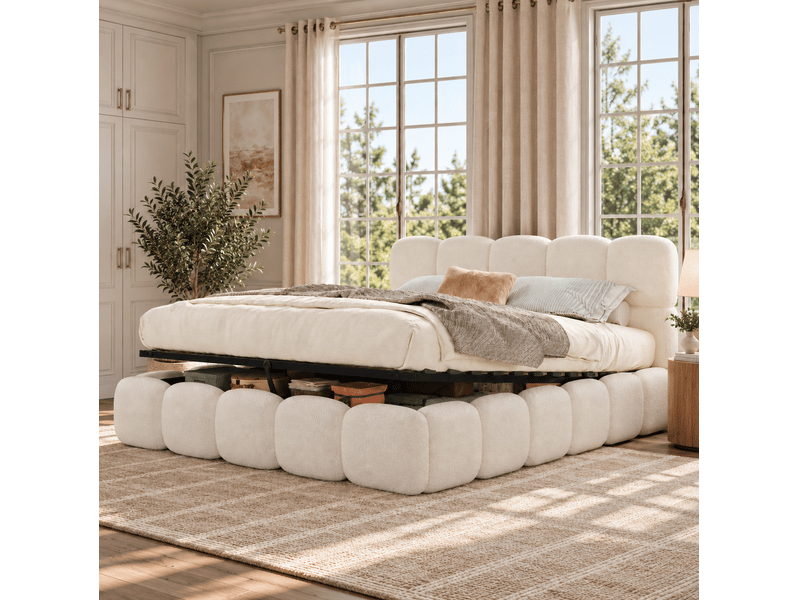 Lit coffre double 200x200 cm, lit capitonné en tissu bouclé blanc, sans matelas - Conforama W