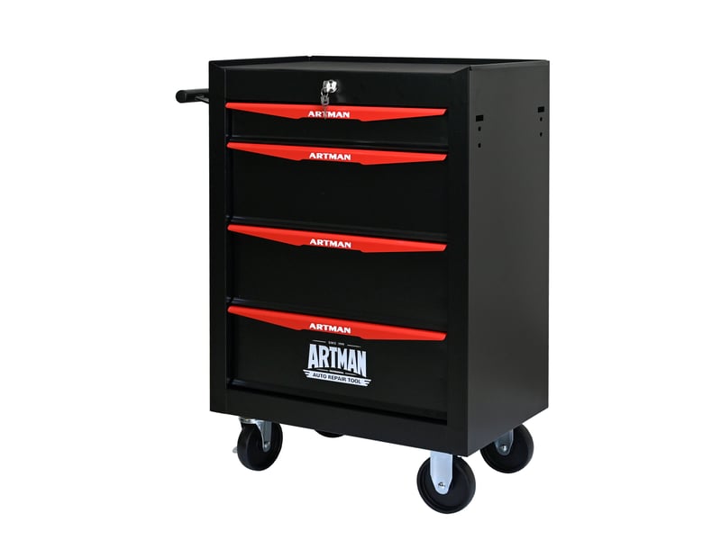  Armoire à outils mobile 60 x 33 x 77,5 cm noir et rouge en acier, 4 tiroirs à glissières à billes avec serrure  - Conforama C
