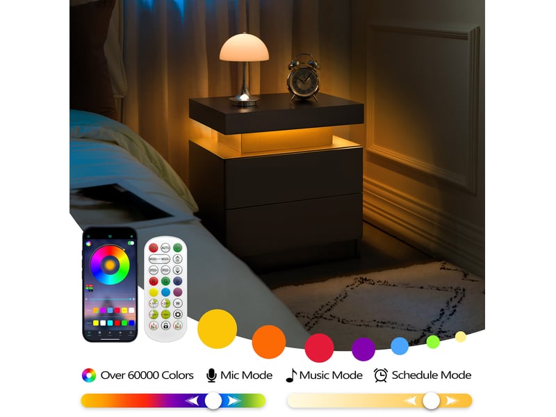 Table de chevet led 49x34,8x52,1 cm 2 tiroirs noir  - Conforama D