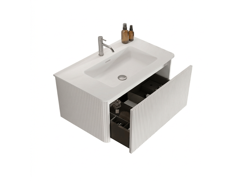 Meuble sous vasque 80 cm suspendu avec vasque en fonte minérale, tiroirs push-to-open, blanc - Conforama A