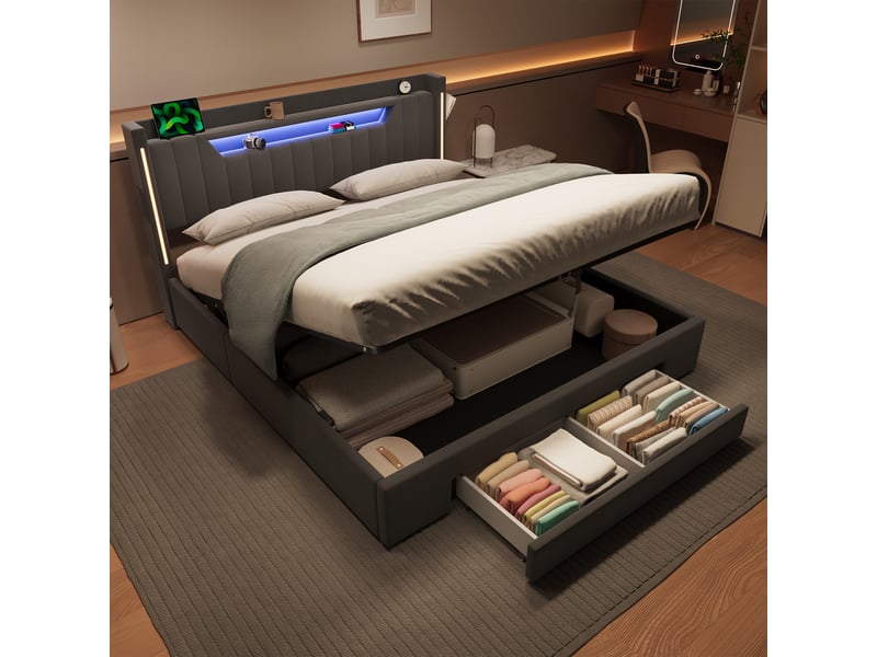  Lit coffre 160x200 cm - lit double - avec tête de lit réglable avec led - en velours - gris foncé - sans matelas  - Conforama D