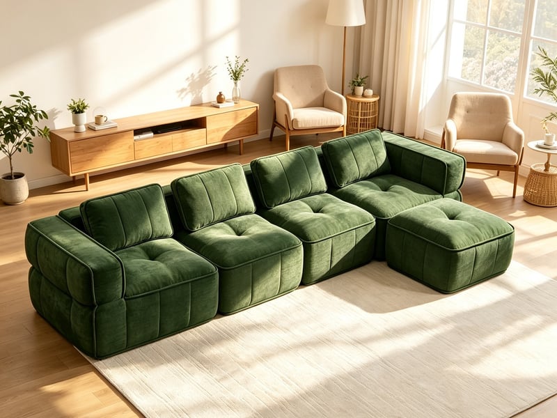  Canapé d'angle 4 places, pouf inclus, mousse 32d, assise profonde, revêtement confortable, 344×162×67 cm, vert  - Conforama B