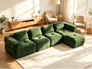 Canapé d'angle 4 places, pouf inclus, mousse 32d, assise profonde, revêtement confortable, 344×162×67 cm, vert