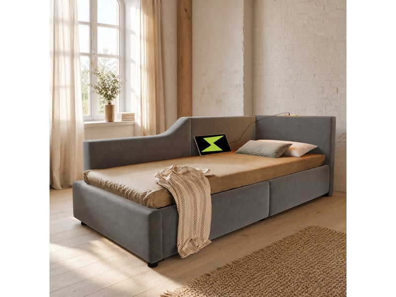  Lit banquette, lit simple avec coffre hydraulique, lampe de lecture et usb-c, 190x90 cm, sans matelas, gris  - Conforama C