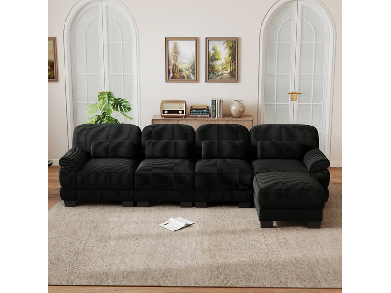 Canapé modulaire en l 4 places 336x161x94 cm, design ergonomique, assise profonde, avec pouf, en velours côtelé, noir - Conforama D