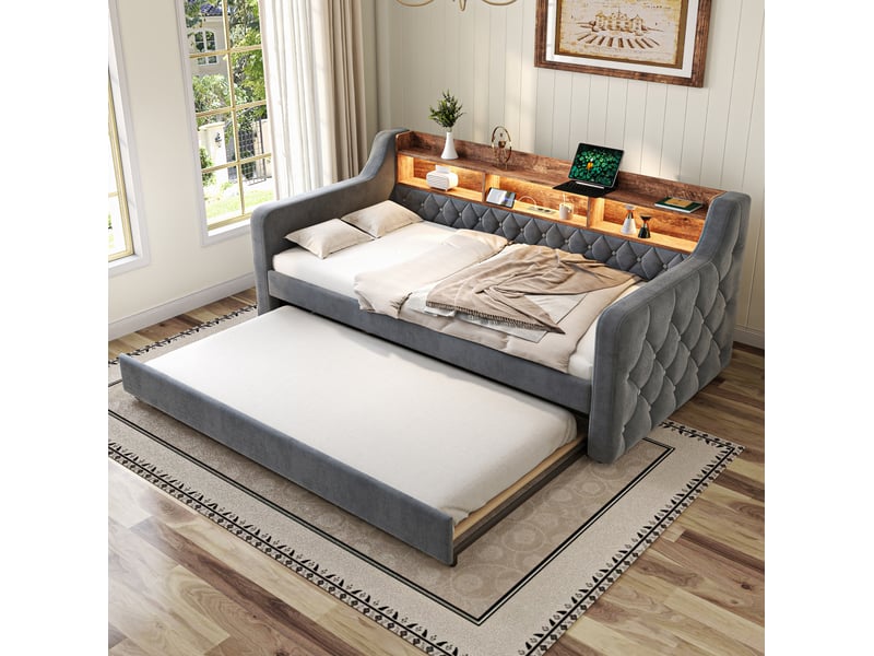  Modenvie lit gigogne 90x190 cm - avec rangement, led et port usb-c, sans matelas - gris  - Conforama D