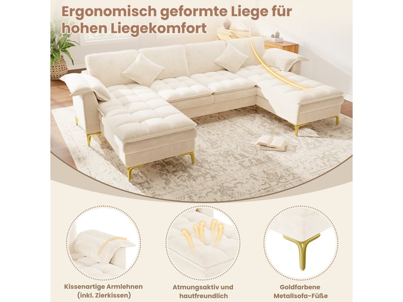  Canapé d'angle en u modulable 4 places tissu chenille beige avec 2 méridiennes  - Conforama E