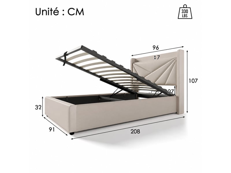  Lit coffre, lit simple 90x200 cm en coton et lin avec usb, type-c et tête rembourrée, sans matelas, beige  - Conforama D