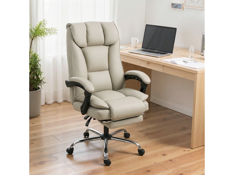  Fauteuil de bureau avec repose-pieds, dossier inclinable, rembourrage épais, revêtement en similicuir kaki  - Conforama D