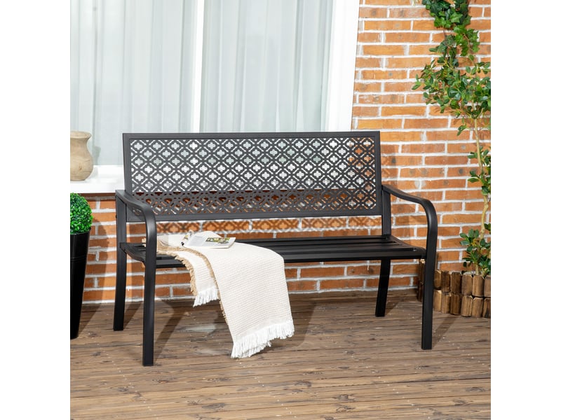  Banc de jardin en métal, 2 places, motif floral, résistant aux intempéries, 127 x 63 x 83 cm, noir  - Conforama C