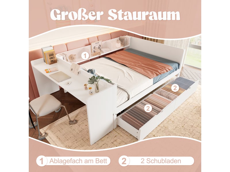  Lit double 140x200 en bois blanc avec bureau intégré et 2 tiroirs  - Conforama D