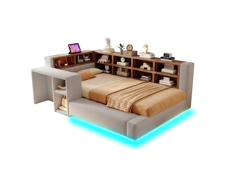  Lit, 90x200 cm, doté d’un espace de rangement, led, prises intégrées, table d'appoint, matelas non inclus, coloris gris  - Conforama A