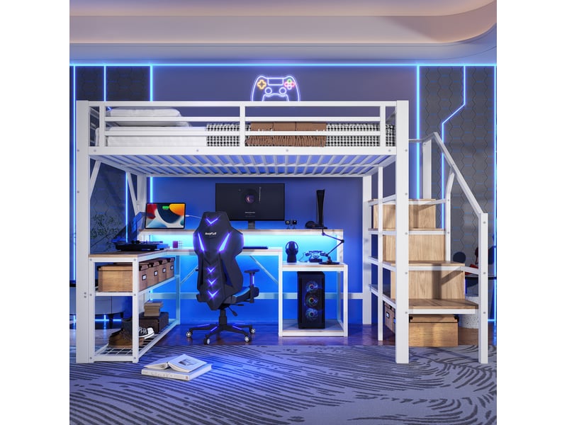  Lit mezzanine 140x200 cm avec bureau, led et rangements blanc  - Conforama B