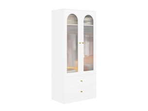 Armoire avec 2 portes vitrées, 2 tiroirs et 1 tringle, pour chambre, en mdf et verre, blanche, 90 × 50 × 200 cm