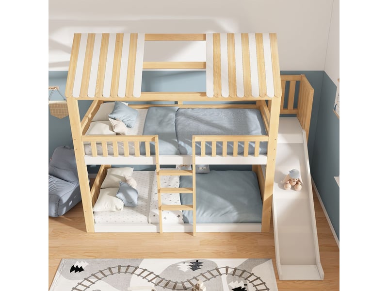  Lit superposé enfant 90 x 200 cm toit en pignon blanc et naturel maison-lit mezzanine rangements intégrés toboggan accès sécurisé norme en 747 idéal deux enfants  - Conforama B
