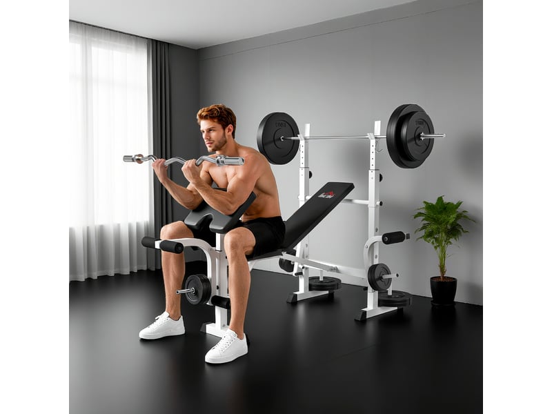  Banc de musculation incliné avec support pour haltères réglable, extension des jambes et pupitre à biceps pour salle de sport  - Conforama D
