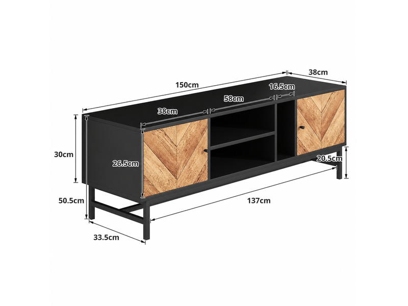  Meuble tv modenvie 150 x 38 x 50,5 cm noir et décor bois avec rangements  - Conforama C