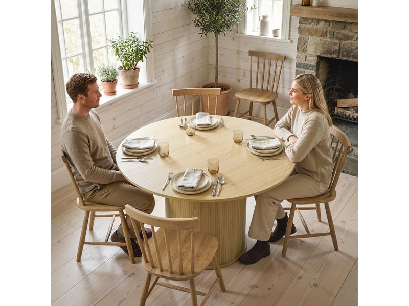  Table à manger ronde pour 5 personnes, ø 120 x 75 cm, table de cuisine avec base cylindrique cannelée, bois naturel  - Conforama D