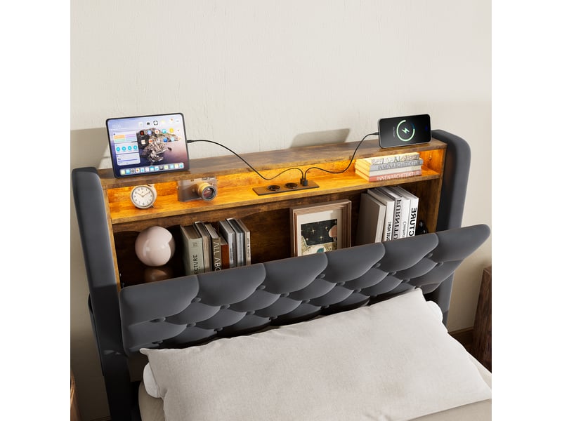  Lit simple 90×200 gris avec led, prise usb, rangement tête de lit et espace de stockage inférieur  - Conforama R