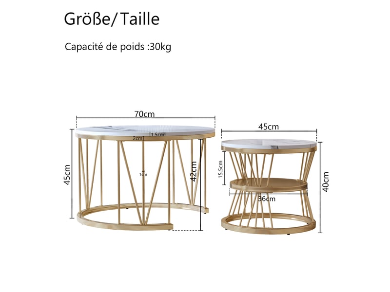  Lot de 2 tables basses - 70x70x45cm - table de salon gigognes rondes, effet marbre blanc, structure métallique v - doré  - Conforama E