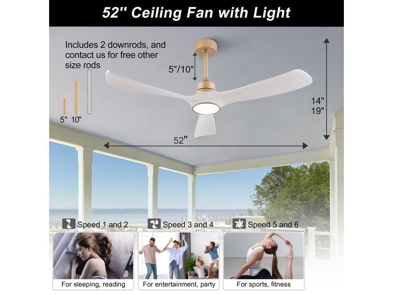  Ventilateur de plafond avec éclairage et télécommande 3 pales blanc et or d132 cm  - Conforama C