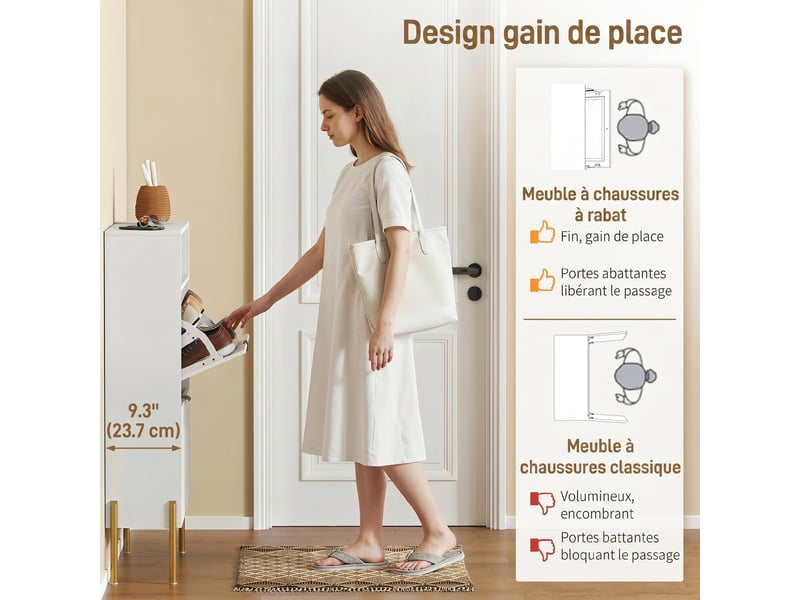  Meuble à chaussures 16 paires, armoire à chaussures étroite avec 2 tiroirs rabattables, compartiment ouvert, blanc  - Conforama E