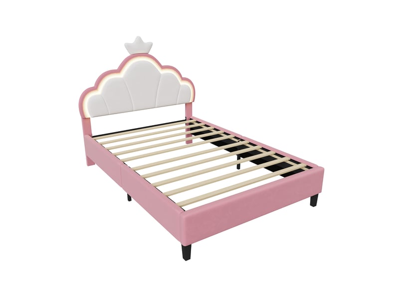  Lit enfant 90x190 cm, lit princesse avec led rgb, tête de lit réglable, forme de couronne et nuage, en velours, sommier à lattes, rose et blanc  - Conforama D