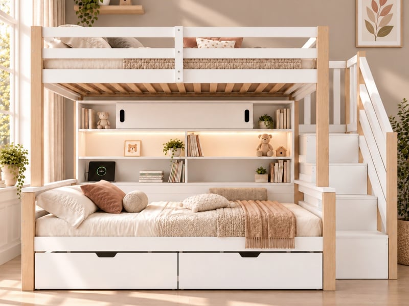 Lit superposé en bois massif 90×200+90×200 cm, avec led, usb, escalier de rangement et portes coulissantes, blanc et naturel - Conforama B