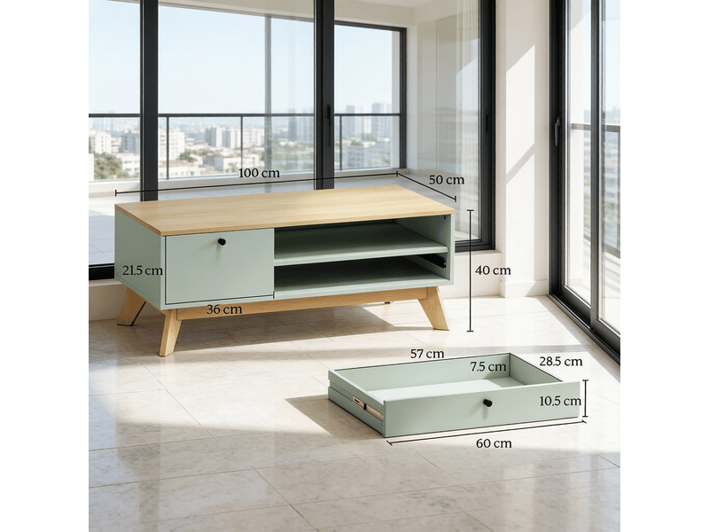  Table basse avec 1 tiroir, 1 porte et 1 niche ouverte, base surélevée 15 cm, en mdf vert clair, 100 × 50 × 40 cm  - Conforama D