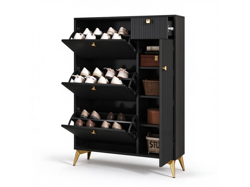  Meuble à chaussures noir 3 abattants, 1 tiroir et 1 porte, façade ondulée, l 90 x p 25 x h 121 cm  - Conforama A
