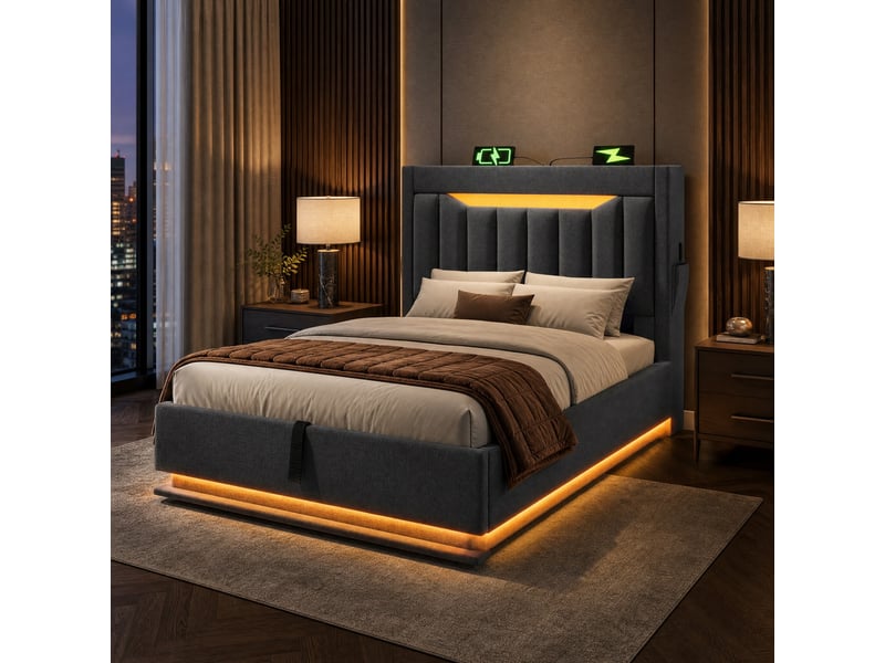  Lit simple 90 x 200 cm gris en lin avec rangement hydraulique, led et ports usbtype-c  - Conforama D