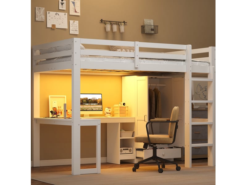 Lit mezzanine 90 × 200 cm avec bureau, étagères, armoire à 1 tiroir, éclairage à couleurs réglables et port usb - Conforama B
