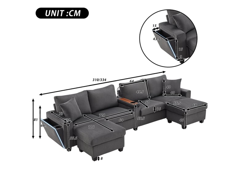 Canapé modulable en u 334x128,5 cm – gris – velours côtelé, led, rangement, usbtype-c et 2 poufs mobiles  - Conforama C