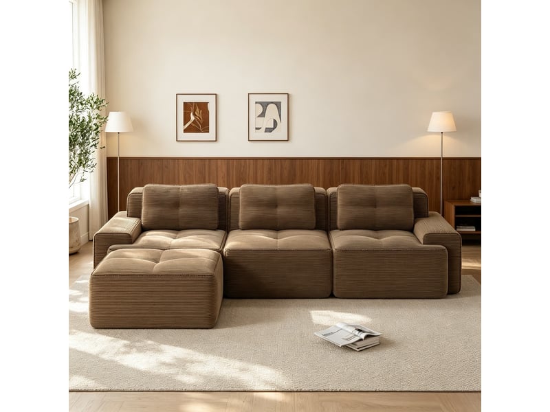  Canapé modulable en l 3 places avec pouf, modèle souple sans structure rigide, prêt à l’emploi, 69 × 293 × 177 cm, marron  - Conforama D