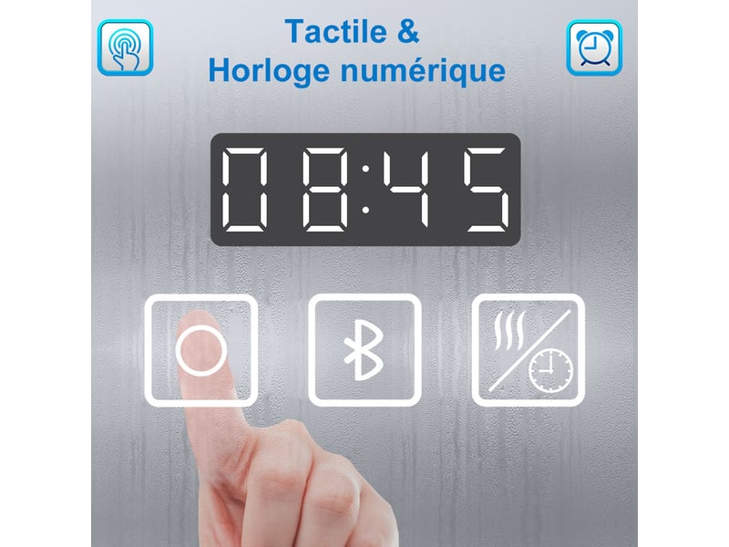 Aica miroir lumineux 140 x 80cm, bluetooth + 3 couleurs + dimmable + horloge + anti-buée + mémoire, miroir salle de bain mural  - Conforama E