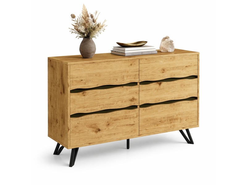  Buffet à 6 tiroirs avec façades ondulées, effet bois et pieds en métal noir, 120 × 40 × 75,5 cm  - Conforama A