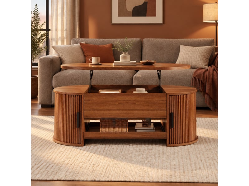 Table basse relevable avec rangement caché, portes coulissantes et tablette pour salon, mdf noyer, 110 × 55 × 55 cm - Conforama C