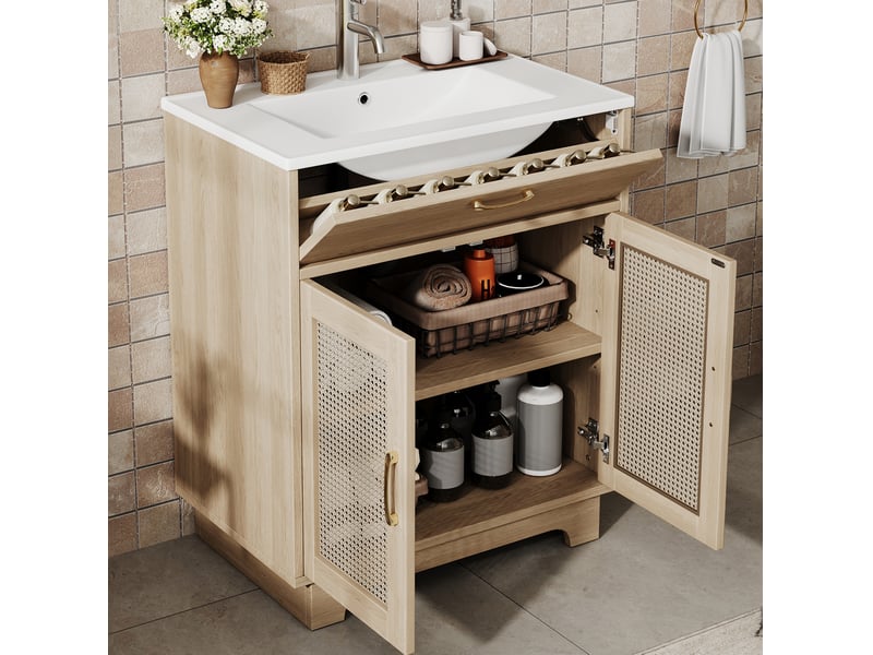 Meuble vasque salle de bain sur pied 76x46x88 cm – naturel – rangement intégré et portes effet rotin - Conforama B