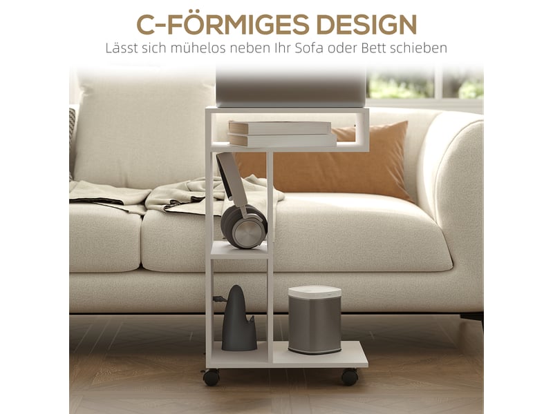  Table basse avec 3 niches et 1 plateau, 4 roulettes avec freins, forme en c, pour salon, en panneaux mélaminés, blanc  - Conforama E