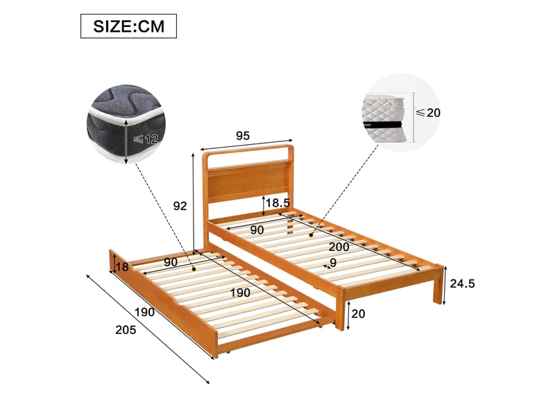  Lit gigogne modenvie 90 x 200 cm avec lit d'appoint 90 x 190 cm réversible gauchedroite tête de lit arrondie bois naturel  - Conforama C