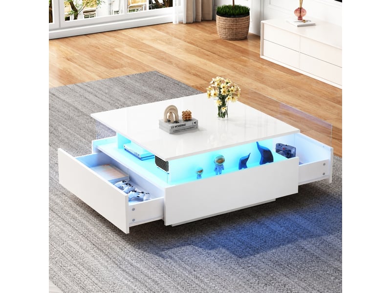  Table basse led blanche avec 2 tiroirs, vitrine acrylique, plateau brillant, 70 x 70 x 41 cm, blanc  - Conforama C