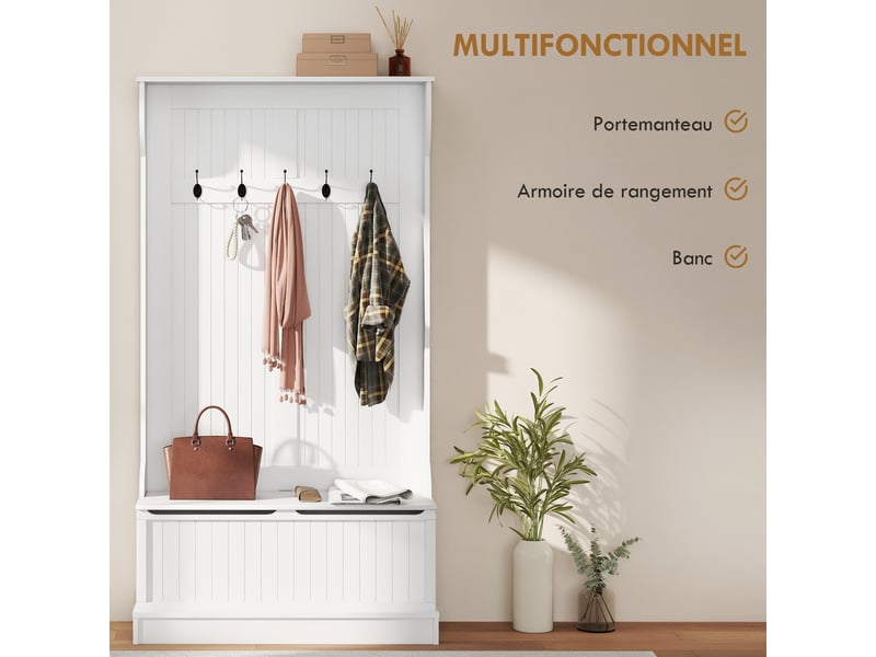  Meuble d'entrée avec banc porte manteaux 3 en 1 5 crochets banc de rangement pour salon couloir crème 96 x 34 x 179,7 cm  - Conforama D