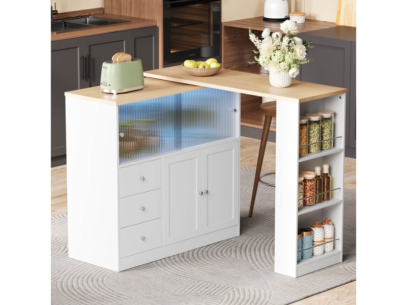  Îlot de cuisine table bar 172x40x96 cm - table pivotante à 360° - porte coulissante vitrée - tiroir et étagères latérales - mdf - blanc CozyNest - Conforama D